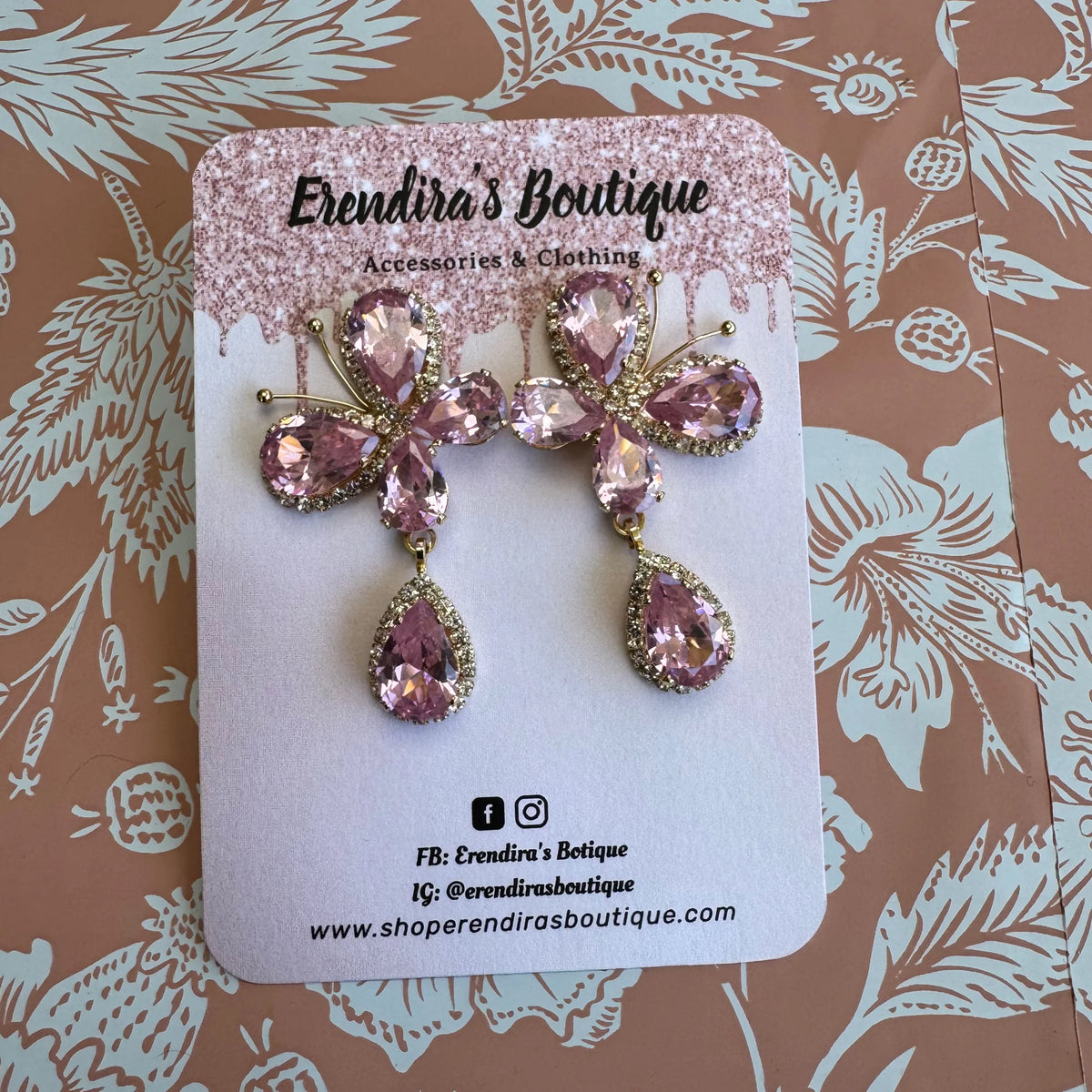 Pink Butterfly Earring With Water Drop
